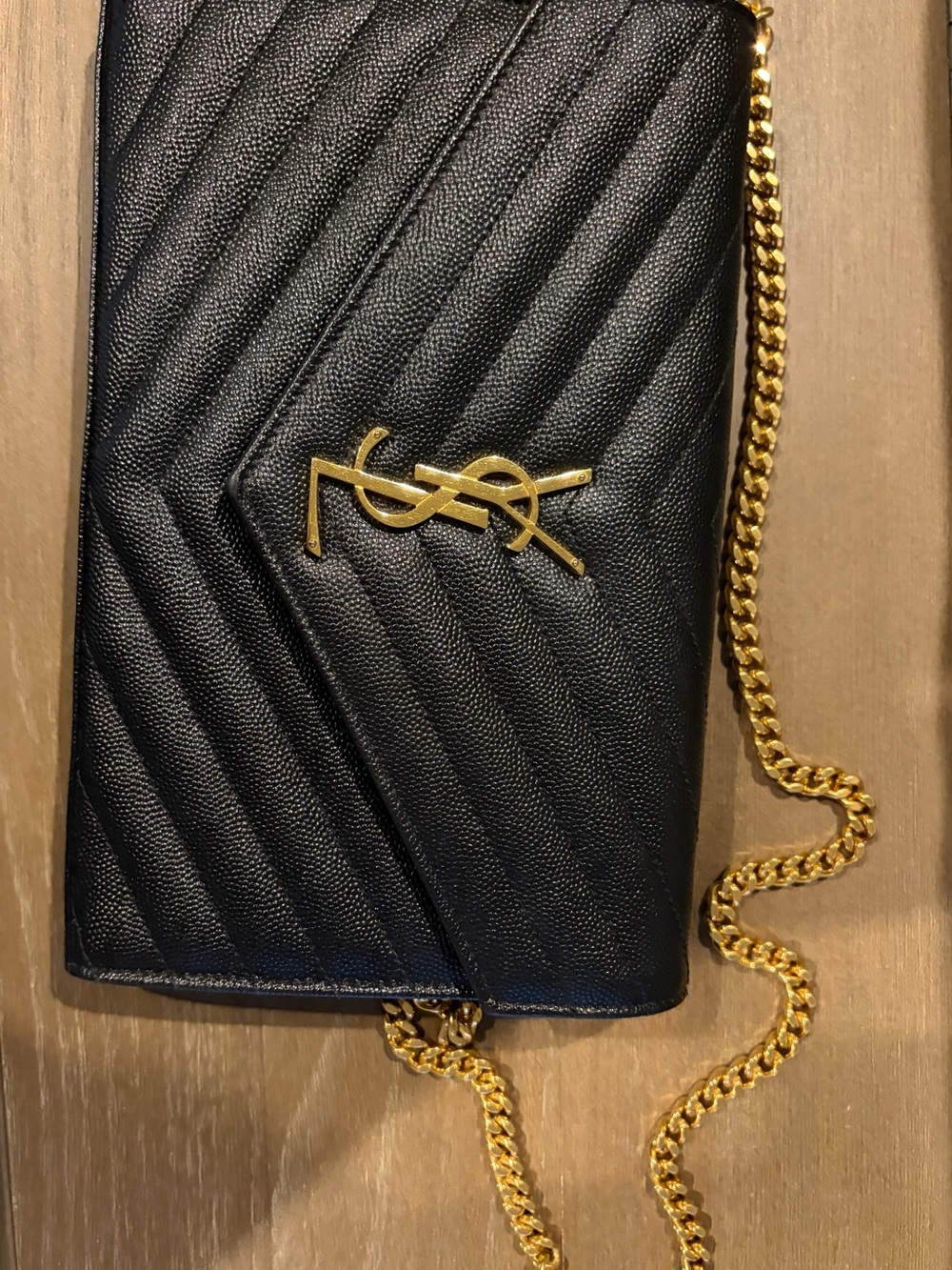 Saint Laurent Black Quilted Leather Crossbody with Gold Chain
